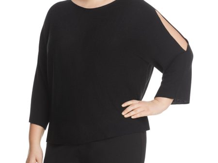 EILEEN FISHER Womens Black Merino Blend Ribbed Slit Sleeve 3 4 Sleeve Boat Neck Crop Top Sweater Fashion