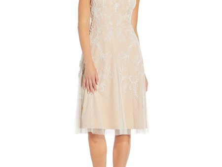 ADRIANNA PAPELL Womens Ivory Beaded Zippered Lined Sleeveless V Neck Below The Knee Party Sheath Dress Hot on Sale