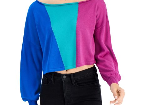 BAR III Womens Blue Ribbed Short Length Color Block Long Sleeve Boat Neck Sweater Fashion