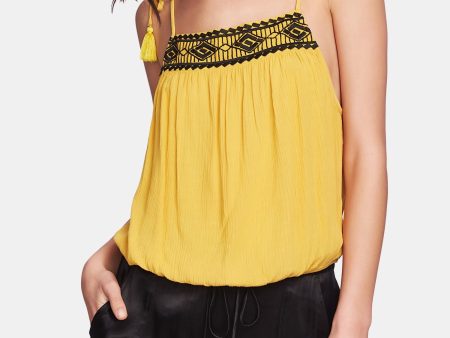 1. STATE Womens Gold Embroidered Tie-strap Sleeveless Square Neck Top For Discount